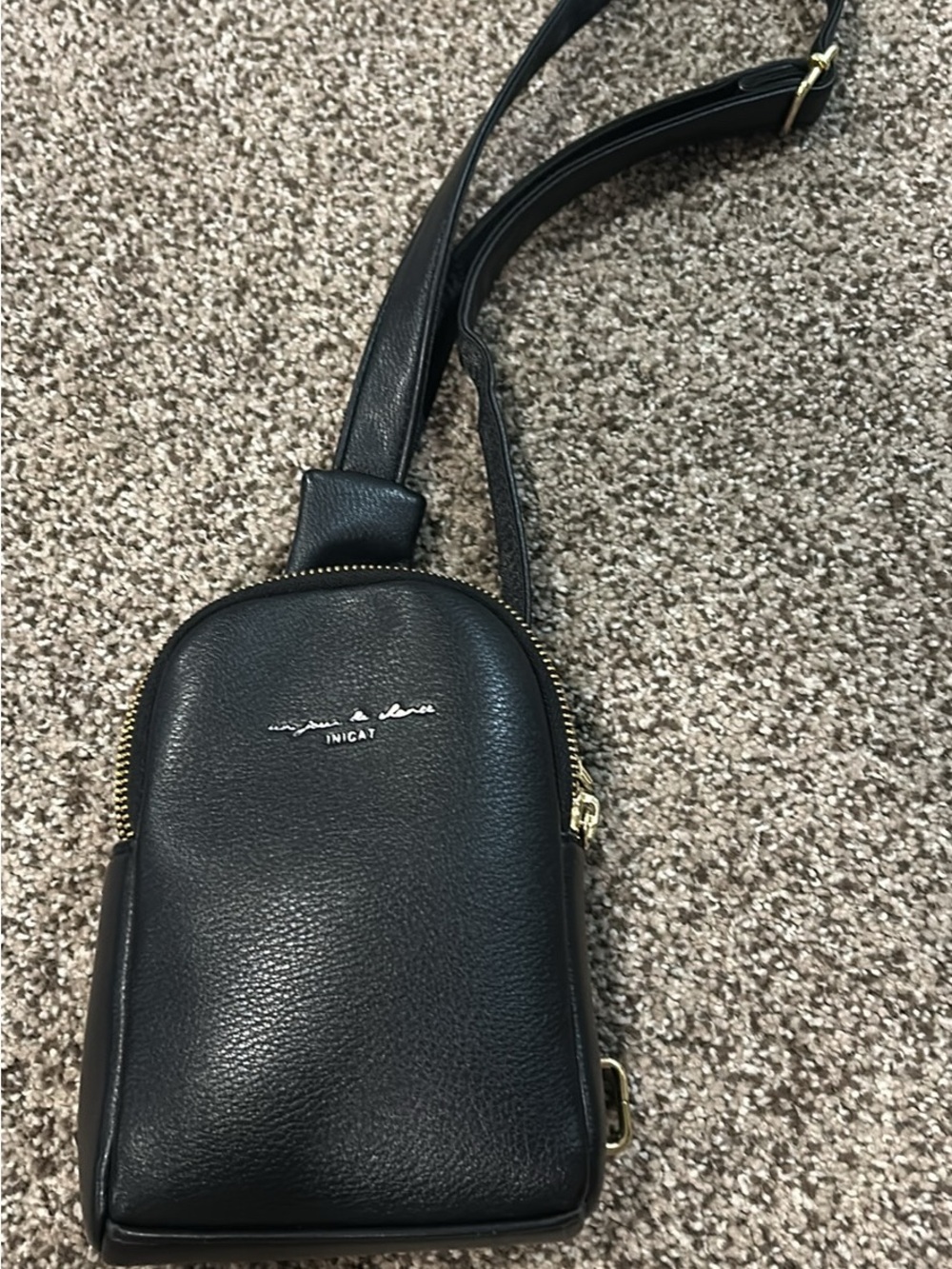 Black Leather Crossbody Sling Bag with Gold Hardware